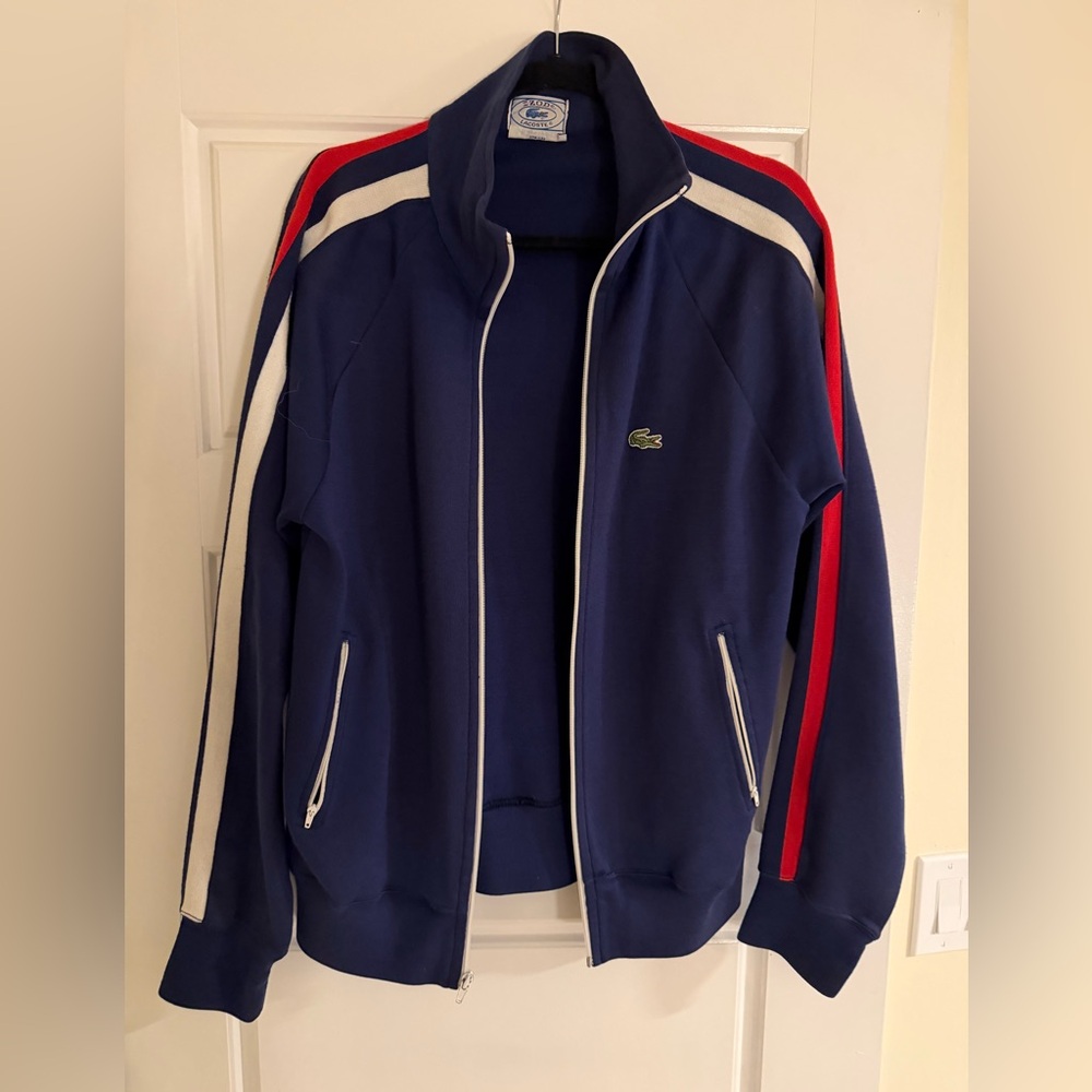 Lacoste Men's Blue Bomber Jacket with Red and White Accents